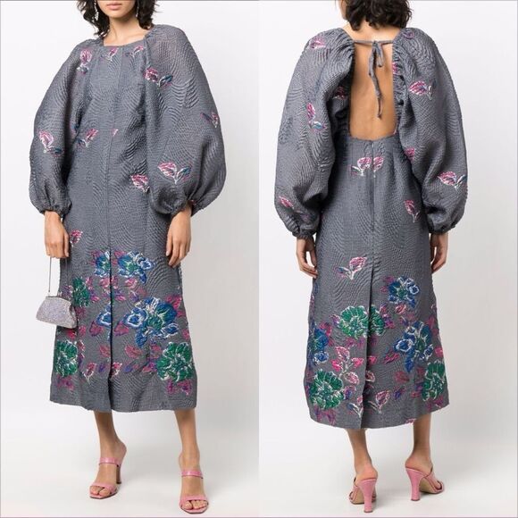 Ganni Gray Floral Midi Dress - Picture 1 of 11